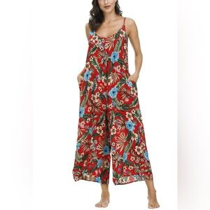 BUENOS NINOS Floral Boho Wide Leg Jumpsuit Adjustable Straps w/Pockets Size M